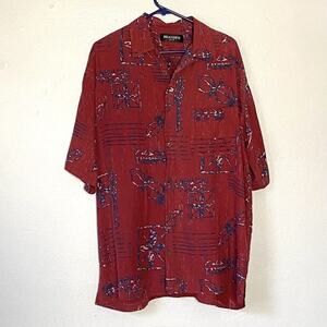 Brandini Shirt Size XL Dark Red Blue Short Sleeve Hawaiian 100% Silk Button Up